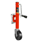 Torin 1000 lb trailer jack with wheel, orange bolt-on tongue jack with swivel wheel, side view