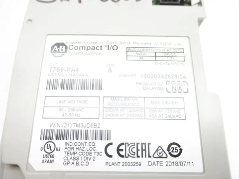 Label of Power Supply 1769 PA4 Series A 85 265 VAC Input 40 A Output OEM New Surplus NSNP beefed up for automation control