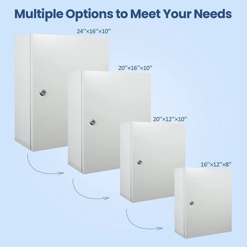 Assorted sizes of NEMA enclosures, including Beefy Cold Rolled Steel Waterproof Electrical Box For Outdoor Use 20 Inch By 12 Inch By 10 Inch.