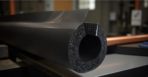 Rock Solid Premium Pipe Insulation Self Sealing Foam Rubber Tube six feet long, showing the closed cell structure for installation.