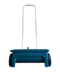 Walk Behind Seed Spreader 12 Liter Hand Push Garden Seeder with long handle and smooth wheels, blue body.