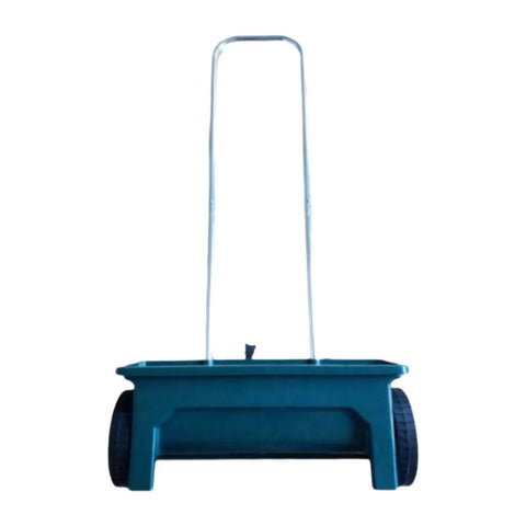 Walk Behind Seed Spreader 12 Liter Hand Push Garden Seeder with long handle and smooth wheels, blue body.