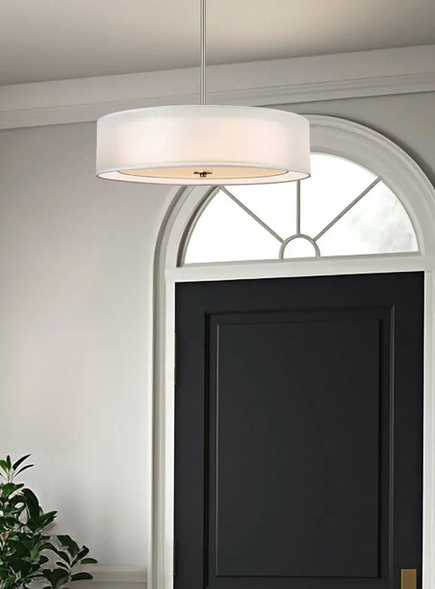 Cool Lindos 20 Inch Modern Double Drum Pendant Light Three Light Chandelier With Sheer Outer Shade Over White Inner Fabric Shade Brushed Nickel Finish