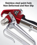 Heavy Duty Airless Paint Spray Gun With Reversible 517 Tip And Universal Swivel Joint For Big Time Finishes Zero Sweat Setup And Pro Workhorse 4000 Psi Performance showing stainless steel paint hole and non-slip grip.
