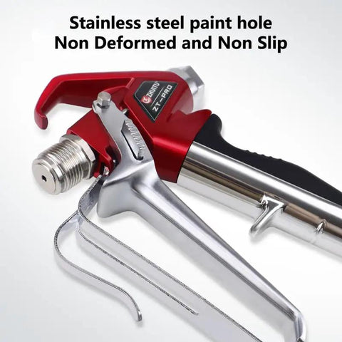 Heavy Duty Airless Paint Spray Gun With Reversible 517 Tip And Universal Swivel Joint For Big Time Finishes Zero Sweat Setup And Pro Workhorse 4000 Psi Performance showing stainless steel paint hole and non-slip grip.