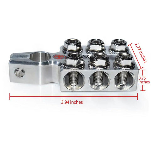Pro Level Heavy Duty Rock Solid Battery Terminal Clamps Pair 12 Way Power Distribution Block dimensions displayed.