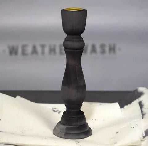 Straight Up Charred Aging Wood Stain For Interior Projects on a finished black candlestick holder.