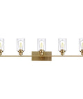 Cool Five Light Brushed Brass Vanity Light Fixture With Clear Glass Shades For Bathroom Wall Sconce Dimmable With Compatible Bulbs And Dimmer