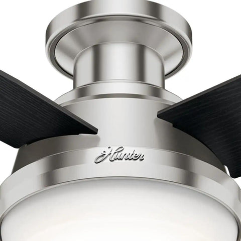 Close-up of brushed nickel mount with 4 black oak blades from 44 Inch Indoor Ceiling Fan With LED Light And Remote Control Dope Low Profile