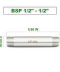 Two Pack Half Inch BSP Male To Half Inch BSP Male Thickened Nipple Cast Pipe Six Inch Length Stainless Steel 304 Pipe Fittings