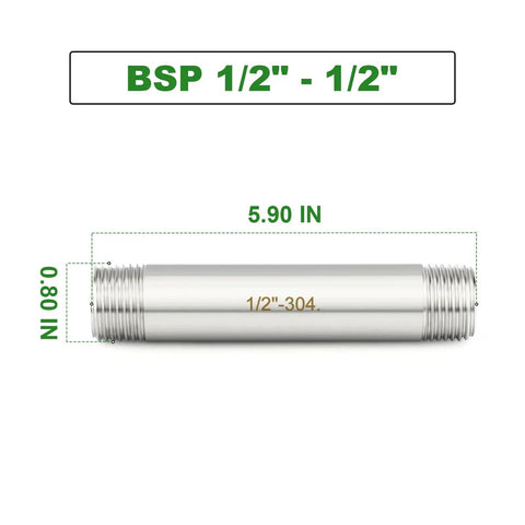 Two Pack Half Inch BSP Male To Half Inch BSP Male Thickened Nipple Cast Pipe Six Inch Length Stainless Steel 304 Pipe Fittings