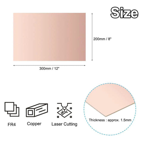 Diagram showing dimensions of 8x12 Inch Single Sided Copper Clad Laminate PCB Board 2 Pcs FR4 Copper Plated at 200x300x1.5mm