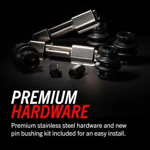 Close-up of premium stainless steel brake hardware kit for rear brakes with pins, bushings and boots