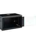 Slick 6U Wall Mount Server Rack Cabinet With Lockable Steel Door And Removable Panels, showing open design and lockable glass door.