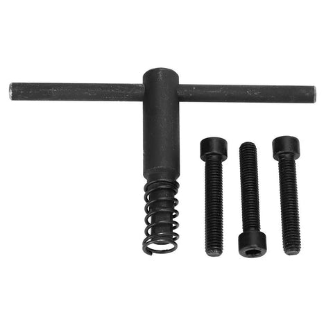 Premium 5 Inch Collet Chuck Kit With Pinion Gear Key And 0.1 To 1 Inch Collets includes T-handle tool and three black screws.