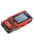 Pro Grade Laser Range Finder Built To Crush It On The Job With 656 Feet Range 0.04 Inch Accuracy 30 Measurement Memory Two AAA Batteries Included Soft Case Ideal For Contractors On The Job, close-up view with screen display and buttons.