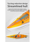 Orange Rad Remote Control Boat with streamlined anti-capsize hull design, tip drag reduction, 2.4GHz paddling RC kayak close-up