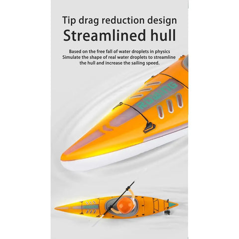 Orange Rad Remote Control Boat with streamlined anti-capsize hull design, tip drag reduction, 2.4GHz paddling RC kayak close-up