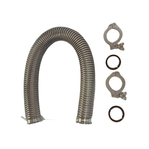 EASTVAC KF40 stainless steel vacuum bellows hose, 250mm+, front view, with two KF40 aluminum clamps and two center rings