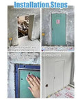 Installation steps of Rock Solid Heavy Duty Magnetic Access Door Panel showing measuring, fixing, patching, and painting.