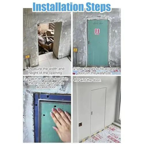 Installation steps of Rock Solid Heavy Duty Magnetic Access Door Panel showing measuring, fixing, patching, and painting.
