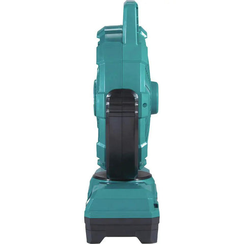 Side view of the 18V LXT Cordless Oscillating Fan 9-1/4 Inch Quiet Desk and Jobsite Fan in teal with adjustable tilt angles.
