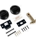 Sleek Stainless Steel Low Profile Door Knobs With Butter Smooth Nonlocking Flat Handle And Hidden Recessed Cup Shape Fast Mount Pocket Entry Handle Set Includes Black Chicago Screws for installation parts.