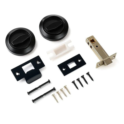 Sleek Stainless Steel Low Profile Door Knobs With Butter Smooth Nonlocking Flat Handle And Hidden Recessed Cup Shape Fast Mount Pocket Entry Handle Set Includes Black Chicago Screws for installation parts.