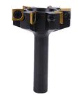 Top Tier 2 Inch Slab Flattening Router Bit Featuring Six Durable Carbide Inserts With A 1/2 Inch Shank, angled view with inserts visible.