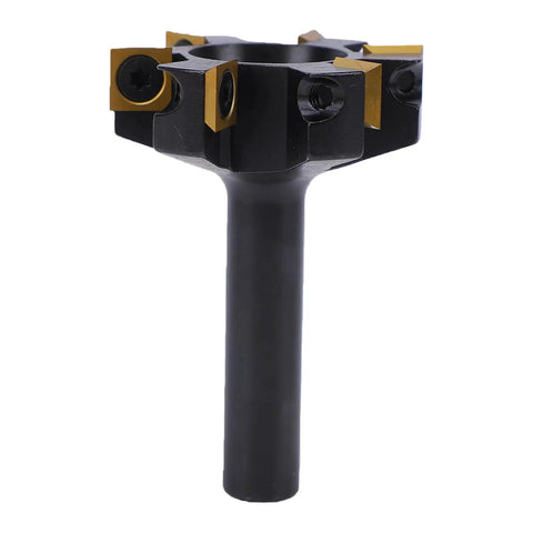 Top Tier 2 Inch Slab Flattening Router Bit Featuring Six Durable Carbide Inserts With A 1/2 Inch Shank, angled view with inserts visible.