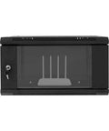 Legit Heavy Duty 4U Wall Mount Server Rack Cabinet, Secure Network Gear Enclosure For Patch Panels, Routers And Switches, Cold Rolled Steel IT Rack Built Tough To Handle Your Tech Setup No Sweat, front view with router inside.