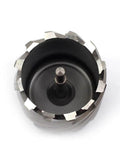 Top view of a 3/4-inch annular cutter with Weldon shank, black body and silver cutting teeth around the edge.