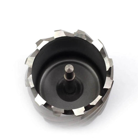 Top view of a 3/4-inch annular cutter with Weldon shank, black body and silver cutting teeth around the edge.