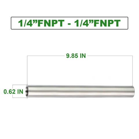 2-Pack Stainless Steel Pipe Nipples 1/4 NPT Female X 1/4 NPT Female, 10 Inch Length, 304 Stainless, dimensions shown