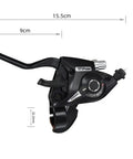 Three By Seven Or Three By Eight Speed Bike Shifters And Brake Levers With Gear Indicator, measurements shown, black, side view.