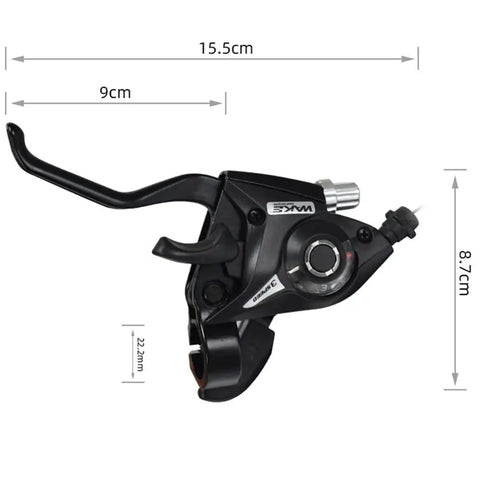 Three By Seven Or Three By Eight Speed Bike Shifters And Brake Levers With Gear Indicator, measurements shown, black, side view.