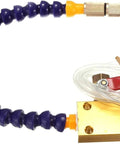 Coolant mist lubrication system with blue flexible segmented arm, brass fittings, and clear tubing for CNC machines.