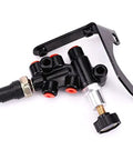 Slick Universal Brake Proportioning Valve Kit With Adjustable Knob And Mounting Bracket Stainless Lines showing black aluminum construction.