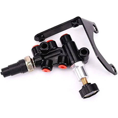 Slick Universal Brake Proportioning Valve Kit With Adjustable Knob And Mounting Bracket Stainless Lines showing black aluminum construction.