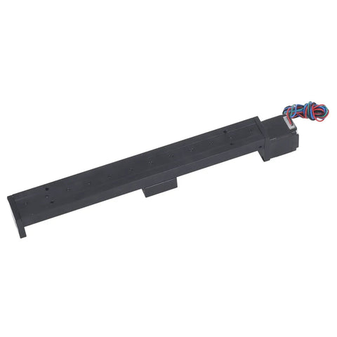 Rock Solid High Precision Linear Rail Guide Slide Actuator featuring a dead smooth 200mm stroke and dependable T6x4 screw drive for custom CNC sliding tables alongside multi axis gantry builds. Black linear rail assembly with motor.