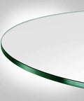 Close-up of 29-inch clear tempered glass table top showing flat polished edge for tables. Durable and all-purpose use.