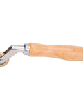 Side view of wooden-handle seam roller with metal head and brass wheel for roofing membrane work