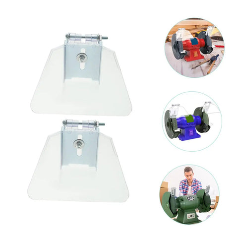 Two Pack Bench Guard Shield For Grinders Safety Shield Face Protection For Machines Tough As Nails Built To Last Stainless Steel And ABS Guard Anti Deformation Dust Debris Shield For Metalworking showing two transparent shields with metal brackets.