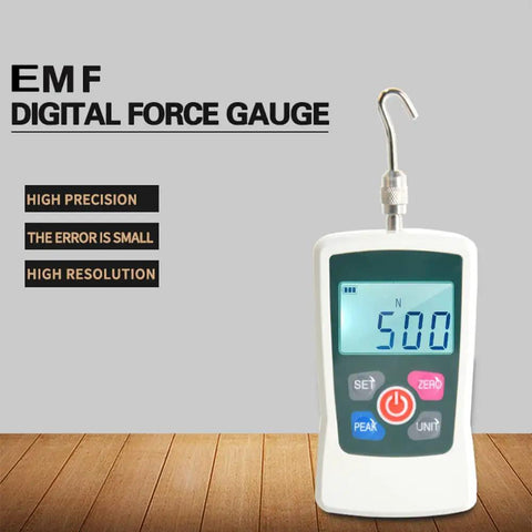 Beefy 500N Digital Force Gauge With Real Time, Peak And First Peak Modes For Tension And Compression Testing, Backlit LCD Screen, Four Units N Kg Lb Oz, High Precision Inner Sensor, Easy Trigger Pull For DIY, Lab Or Workshop, white handheld gauge with hook