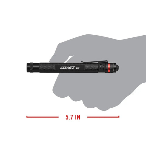 G20 Inspection Beam LED Penlight with handy pocket clip shown at 5.7 inches, demonstrating edge-to-edge brightness and compact size.