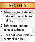 No Fuss Granite Sealer And Stone Protector Spray That Dries In A Snap Shields Quartz Marble Limestone Slate Grout Safe Family Friendly Quick Cure 24 Oz Bottle benefits list on marble background.
