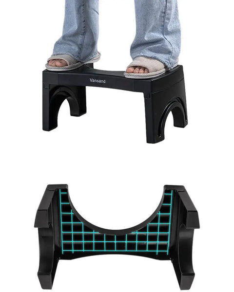 Person using Folding Potty Stool 7.5 Inch Height Black Portable Squatting Toilet Step For Natural Posture And Pain Free Bowel Movements
