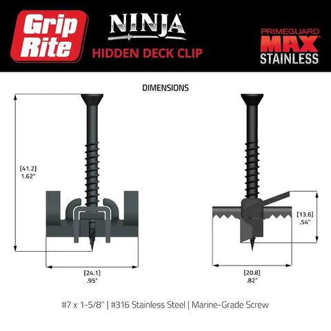 Dimensions of Top Shelf Hidden Deck Clips Hella Tough 316 Stainless Steel for Composite and Wood Decks.