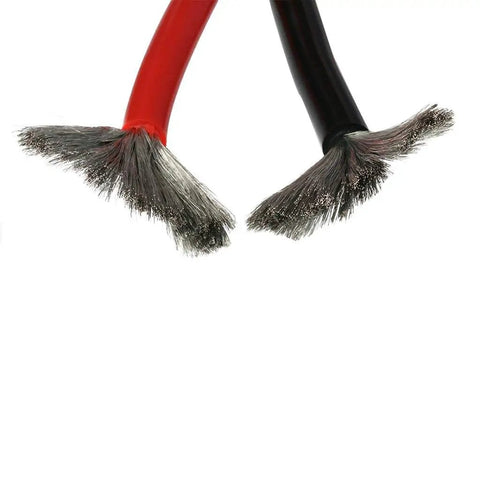 Close-up of 6 AWG Silicone Wire Set 10 Feet Red And 10 Feet Black Ultra Flexible 3200 Strands 0.08mm Tinned Copper Wire ends.