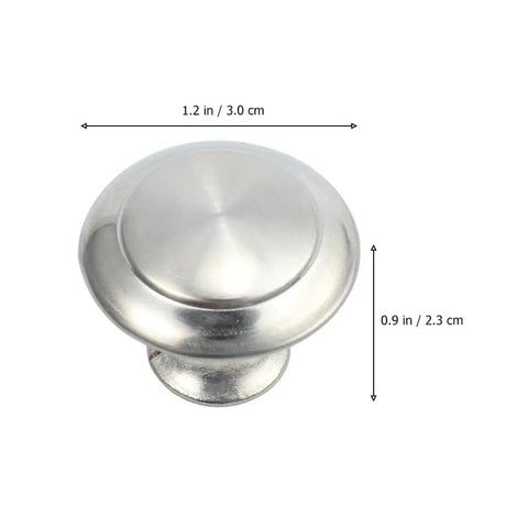 12 Pack 304 Stainless Steel Single Hole Cabinet Drawer Handles With Screws Silver Dome Shaped Door Pulls close-up with dimensions.